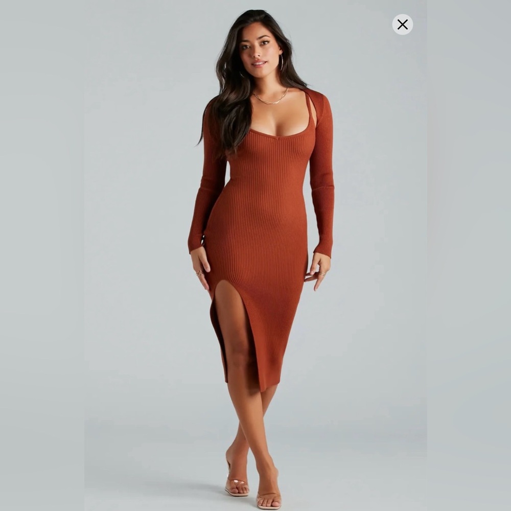 Two Piece Dress Set - Ribbed Side-Slit Dress and Bolero